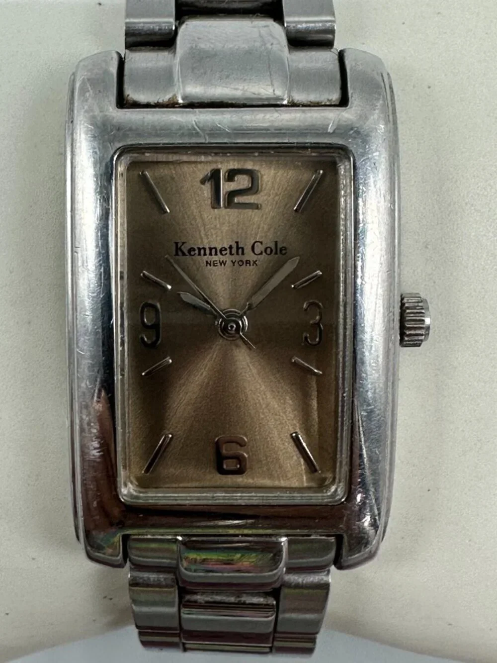 3/$30 Kenneth Cole Women Tank Watch Silver Tone Brown Dial New Battery 6.25